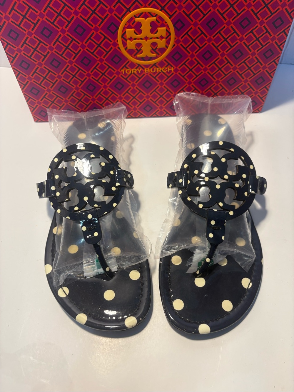 Tory Burch Navy and Cream Polka Dot Miller Thong Sandals